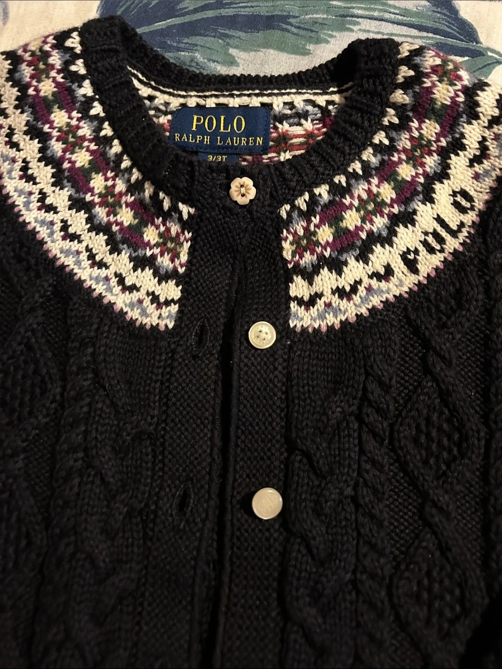 Polo by Ralph Lauren Navy Cable Knit Cardigan with Multicolor Fair Isle Yoke